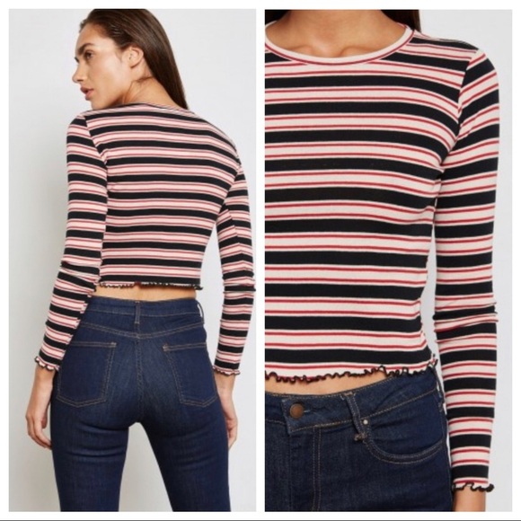 TOPSHOP Y2K Multi Striped Crop Lettuce Top Red Black Cream Size 2 - Picture 3 of 11